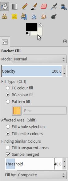 Bucket Fill: Select Fill transparent areas only when necessary. Do select BG colour fill and Sample merged and run a few tries while adjusting Threshold for best results. In between, hit Ctrl+Z to undo.