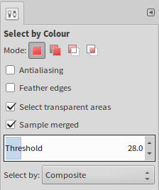 Select by Colour: This time around, do select Fill transparent areas as well as Sample merged. Again, run a few tries while adjusting Threshold and experiment with Antialiasing and Feather edges for best results. In between, hit Ctrl+Z to undo.