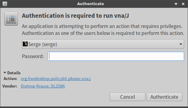 Authentication when launching vna/J using pkexec